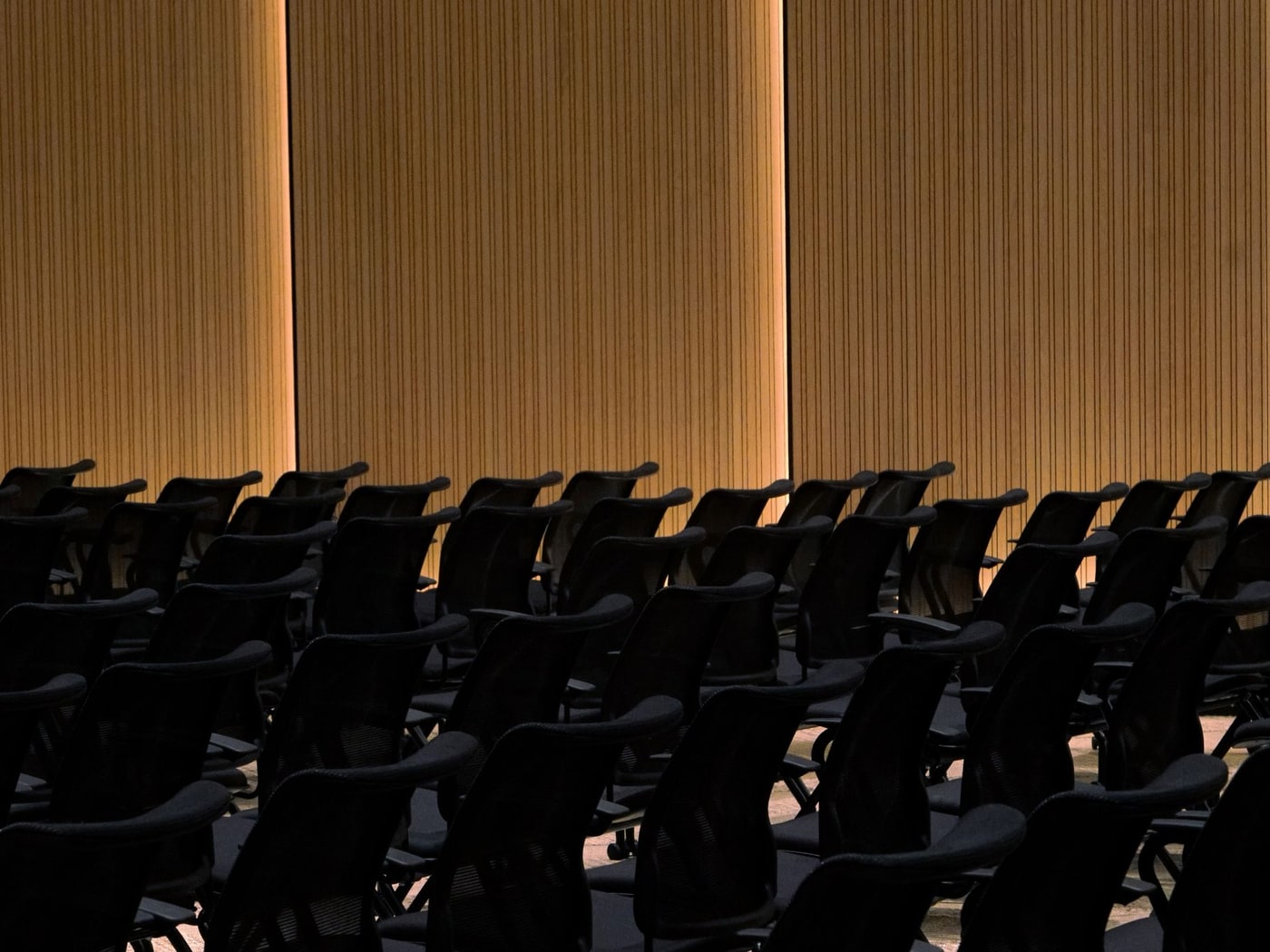 Rows of dark auditorium seats in raked lines against a fluted timber wall